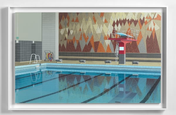 Lucy Williams Reflecting Pool (red mosaic), 2019 Paper, Plexiglas, engineered wood, silver colored card, acrylic paint and acrylic ink on birch ply panel 29 1/2 x 47 1/8 inches 75 x 120 cm Framed: 33 5/8 x 51 3/8 x 3 inches (85.6 x 130.6 x 7.6 cm)