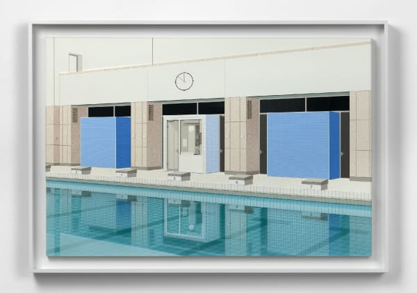 Lucy Williams Blue Tiles, 2021 Paper, engineered wood, Plexiglas, balsa wood, piano wire and acrylic paint on birch ply panel 28 5/8 x 42 7/8 inches 73.0 x 109.0 cm