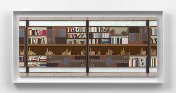 Lucy Williams Bookcase #1, 2022 Paper, Plexiglas, engineered wood, balsa wood, walnut veneer, wool, and acrylic paint on birch ply panel 17 3/4 x 41 1/4 inches Framed: 22 x 45 5/8 x 3 1/8 inches