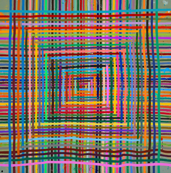 Alicia McCarthy Untitled, 2020 Gouache, spray paint, and house paint on wood 48 x 48 inches