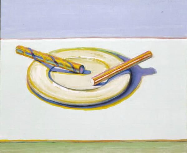 Wayne Thiebaud Two Candy Sticks, 2004 Oil on board 10 1/2 x 13 3/8 inches