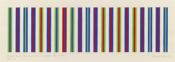 Bridget Riley, b. 1931 Bright Green, Blue and Red, Surrounding One Another, Study 3, 1973 Gouache on paper 11 13/16 x 32 1/4 inches 30.0 x 81.9 cm