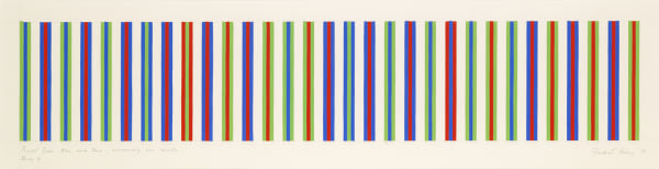 Bridget Riley, b. 1931 Bright Green, Blue and Red, Surrounding One Another, Study 4, 1973 Gouache on paper 12 3/16 x 45 7/8 inches 31.0 x 116.5 cm