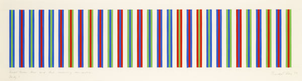 Bridget Riley, b. 1931 Bright Green, Blue and Red, Surrounding One Another, Study 5, 1973 Gouache on paper 12 x 43 5/16 inches 30.5 x 110.0 cm