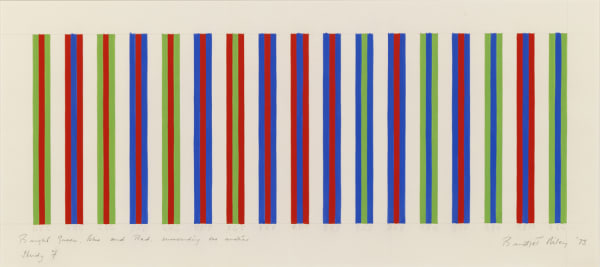 Bridget Riley, b. 1931 Bright Green, Blue and Red, Surrounding One Another, Study 7, 1973 Gouache on paper 11 13/16 x 26 3/4 inches 30.0 x 68.0 cm