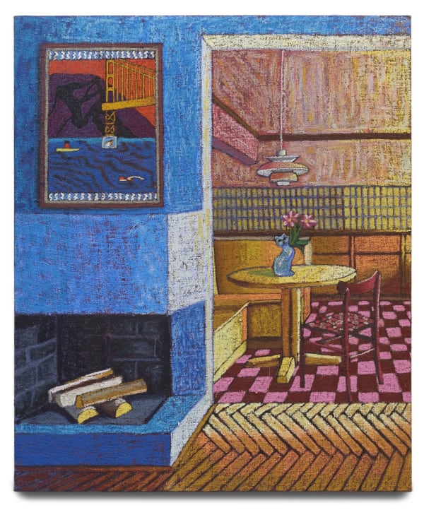 JJ Manford Interior with Joan Brown and Porcelain Cat Vase, 2022 Oil stick, oil pastel, and Flashe on burlap over canvas 60 x 50 inches