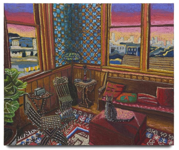 JJ Manford Sunset at the Westerfeld House, Haight Ashbury, 2022 Oil stick, oil pastel, and Flashe on burlap over canvas 50 x 60 inches