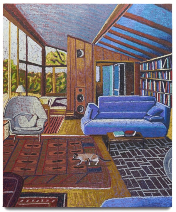 JJ Manford Interior at Weston Havens House, 2023 Oil stick, oil pastel, and Flashe on burlap over canvas 72 x 60 inches