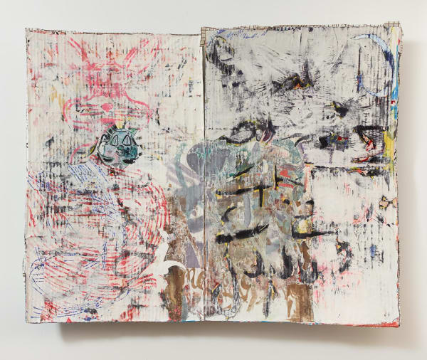 Mark Fox, Untitled (Plow), 2015, acrylic, ink, watercolor, marker, color pencil, graphite, crayon and oil on paper, and PVA glue, 61 x 80 x 9 inches