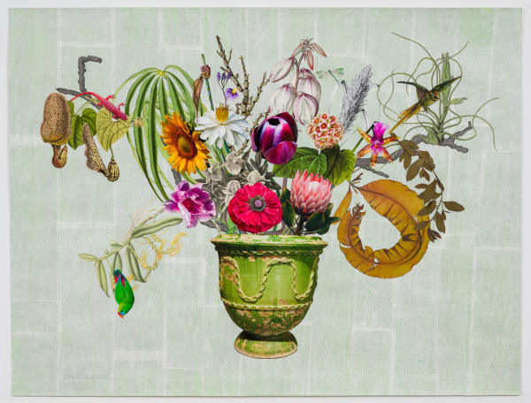 Jane Hammond, French Garden Urn with Spanish Dagger, Dutchman's Pipe and Malaysian Hanging Parrot, 2023, unique botanical collage using digital printing, colored pencil, Sumi ink, watercolor and gouache, hand cut and assembled on collaged Japanese papers over painted cotton rag, 38 x 50 inches