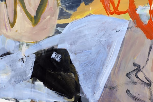 Intricate layers of cool blues and smoky greys converge in a harmonious dance of smooth gradients and gritty textures, evoking a sense of depth and movement. Amidst this serene backdrop, a bold burst of vibrant orange commands attention, its fiery hues electrifying the canvas with dynamic contrast and tactile allure.