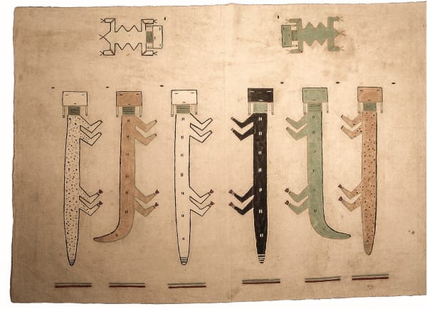 Navajo Picture Writing On Muslin, "Six Lizard People With Two Lizard Guardians," c. 1947-1970