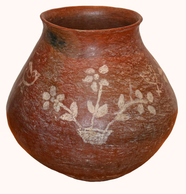 Tarahumara Indian Red Clay Water Pot Decorated with Birds and Floral Designs, 1940s