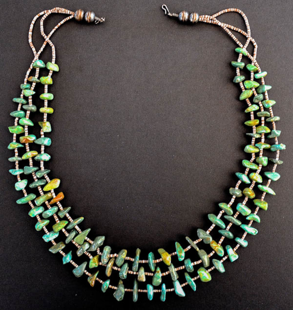 Vintage Pueblo Triple Strand Turquoise Nugget and Heishi Shell Disc Necklace, c. 1950