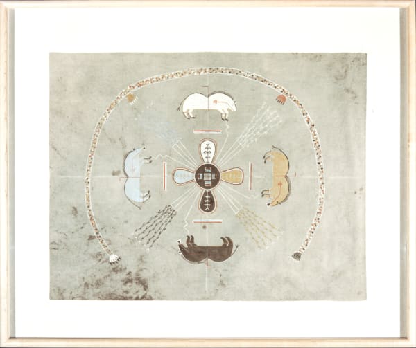 Navajo Picture Writing On Muslin, "Four Buffalo People With Badger Guardians," c. 1947-1970
