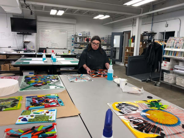 Artist Joanne Greenbaum in residence at Bullseye Glass Co.'s Resource Center New York, 2018.