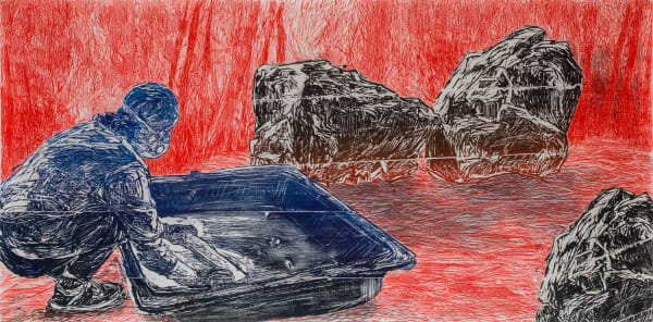Orit Hofshi, Fabricate 2022, woodcut, rubbing, color pencil drawing on hand made Kozo & Abaca paper, 40 x 80 inches, unique