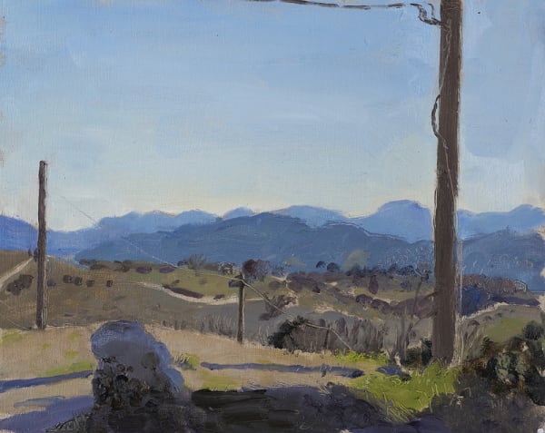 Danny Markey Mountains and Telegraph Poles, Pignano oil on board 23.5 x 29.3 cm