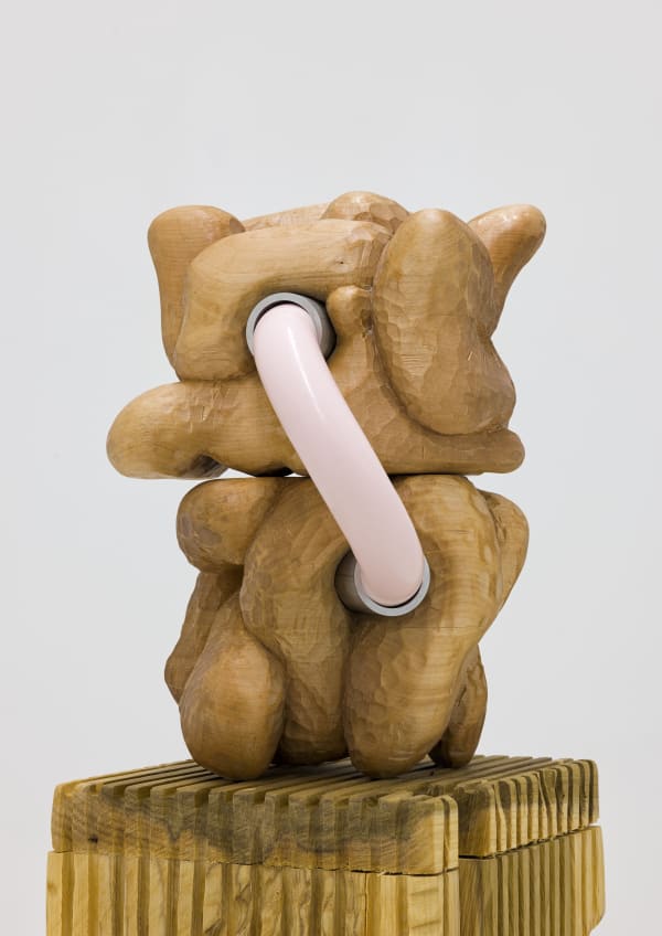 Douglas Rieger, "Two Fists", 2022, wood, aluminium, paint, silicone, 39.2 x 31 x 31 cm; Plinth: 101 x 28 x 28 cm. Courtesy of the artist and Capsule Shanghai, photo by Ling Weizheng