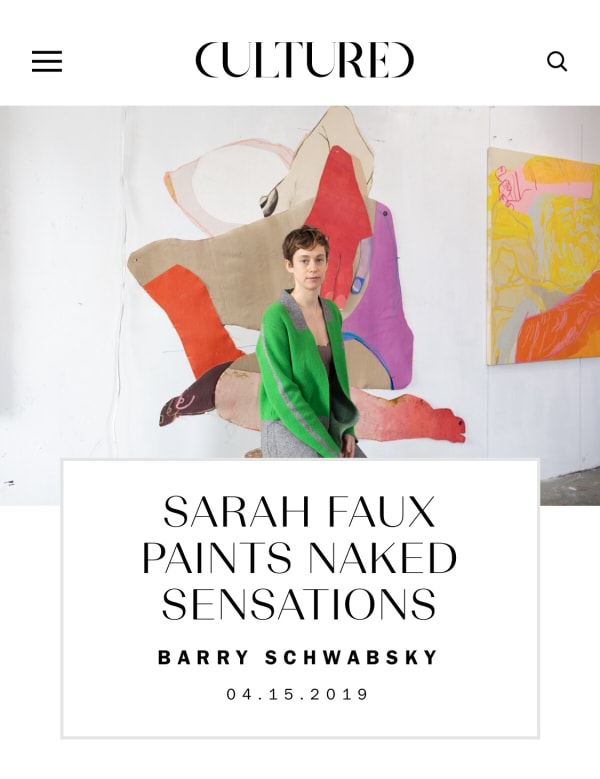 SARAH FAUX WITH AN IN-PROGRESS CUT-OUT COLLAGE THAT WILL DEBUT AT FRIEZE NEW YORK THIS MAY. PORTRAIT BY ISABEL MAGOWAN.