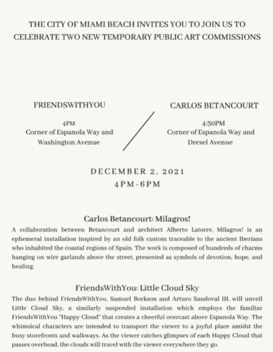 Milagro! (City of Miami Beach invitation to exhibit opening), 2021