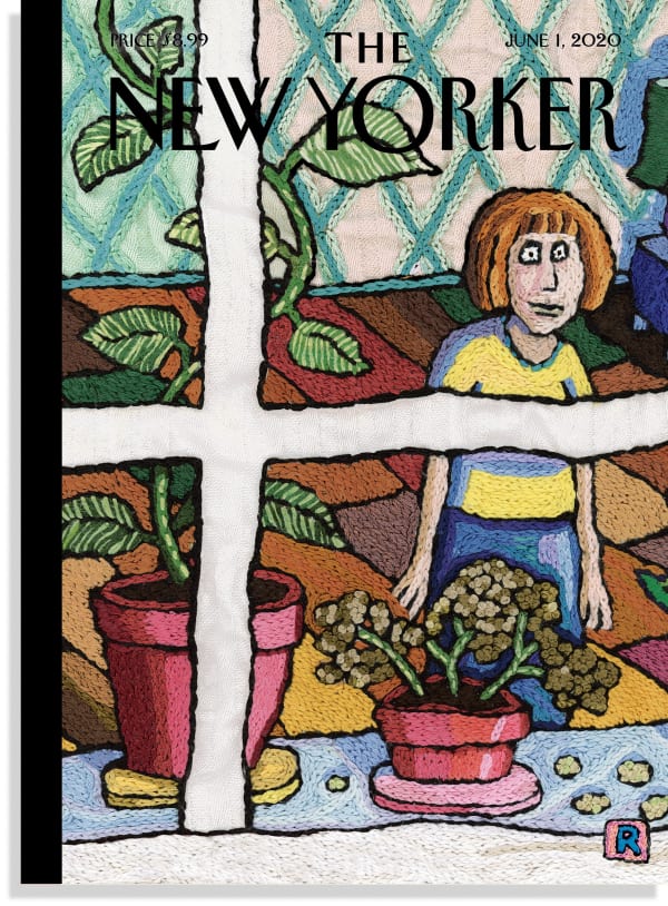 Image of cover of The New Yorker showing Roz Chast's embroidery Inside