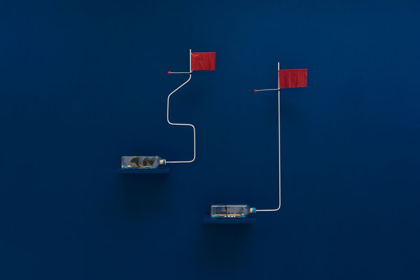 À la recherche du vent perdu [In Search of the Lost Wind] (detail), 2018. Sailing flag, aluminium, bottle with boat, 100 x 30 cm (total measures)