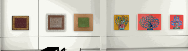 left to right: Feather artworks by Nicki Marx, paintings by Kathy Sosa