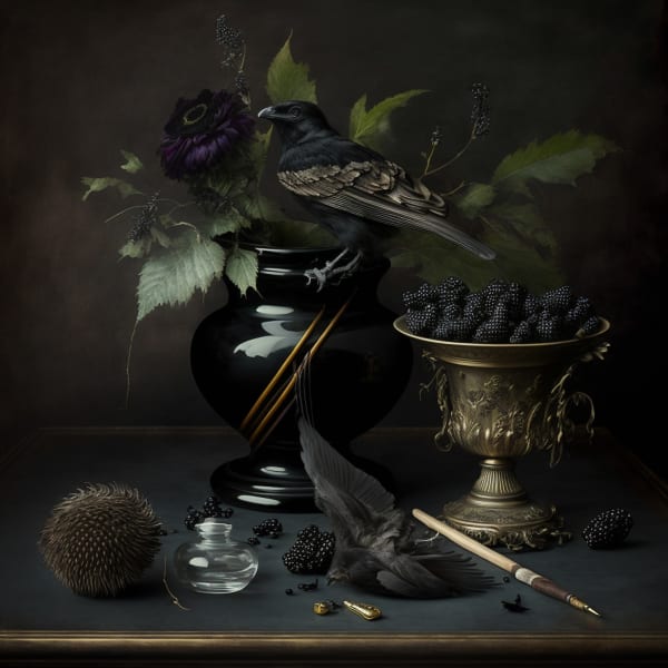 Still Life with Raven and Coal, 2023 Archival pigment print on paper, 10x10 up to 30 x 30 inches