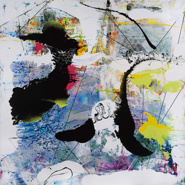 Quantum, 2019 Acrylic enamel, fabric, audio tape, 72x72 inches