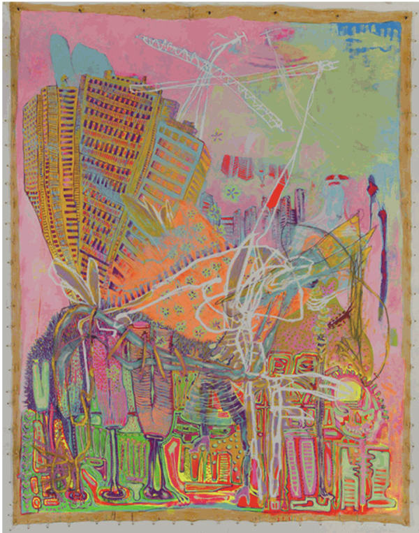 Kaye Freeman, Panel One Santee Alley: dtla as the Garden of Earthly Delights, 2017 Oil paint, Enamel Paint, oil stick and graphite on canvas, 121 x 95 inches