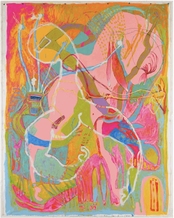 Kaye Freeman, The First Garden Tryptich Panel One, Conception Pass, 2016 Oil paint, enamel paint, oil stick and graphite on canvas, 123 x 95 inches