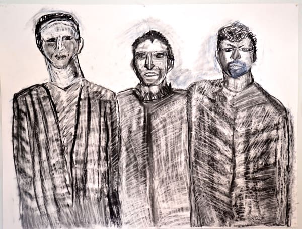 Deborah Masters, Ghosts, 3 guys, 2017 Oil, pencil on rag paper, 30 x 42 inches