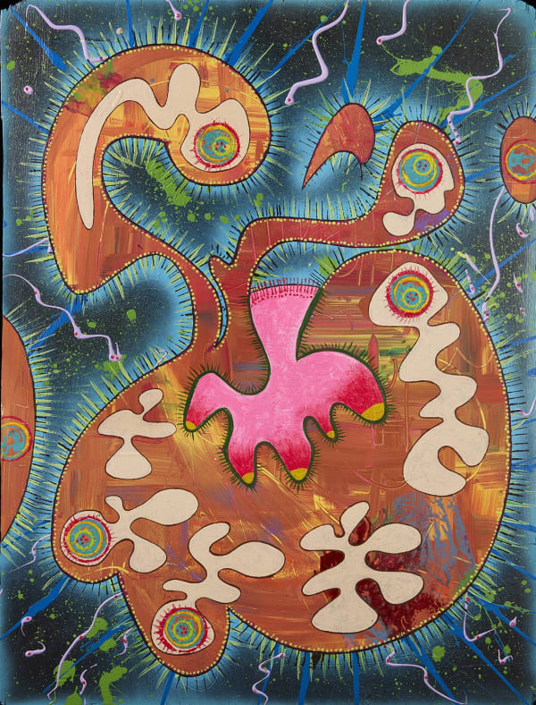 Steve Simpson, Primordial Soup, 2020 Acrylic latex and spray paint on wood panel, 38 x 28.5 inches