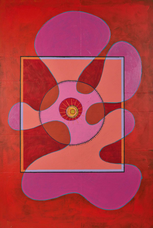 Steve Simpson, All Inclusive, 2023 Acrylic, latex and spray paint on wood panel, 48 x 33 inches