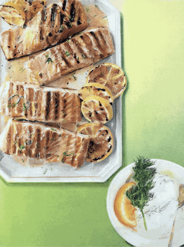John A. O'Connor, Grilled Salmon with Dill Butter, 2022 Pastel on paper, 13 x 9 inches