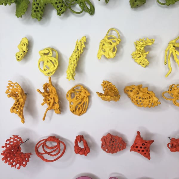 Kelly Sheppard Murray, Color Specimen (detail), 2020. Encaustic, wood, wire, wire mesh, size variable