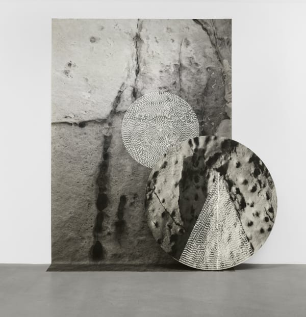 Radhika Khimji Brittle like Biscuit 2022 Oil on Dye-sub print on polyester & birchwood ply 249 x 167 cm / 98 x 65.7 in 120 cm / 47.2 in diameter