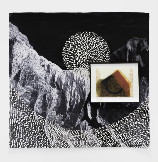 Radhika Khimji Feathery House 2022 Oil and Dye-sub print on polyester & oil and thread on photo-transfer on paper 99 x 99 cm / 38.9 x 38.9 in 20.6 x 26 cm / 8.1 x 10.2 in