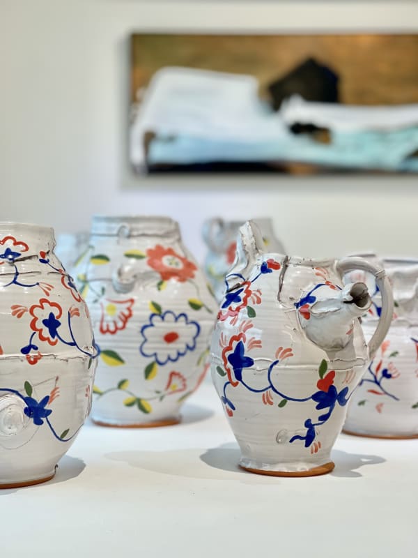 Elin Hughes Eartenware with majolica glaze and decals, thrown and deconstructed Contact for individual prices