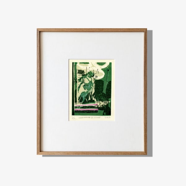 Adrian Holmes GREEN HOUSE & STONE, 2025 Woodblock Print on 87gsm Kozoshi paper from Echizen, Japan. 100% Mulberry (Kozo) handmade using traditional processes. Edition of 20 Print size: 17 × 13 cm Framed size: 40 × 35 cm Framing: Hand-built solid oak wood frame with a slim profile. The print is window mounted using archival materials and protected with TruVue 70% UV art glass. The frame can be custom-stained for a darker finish upon request.