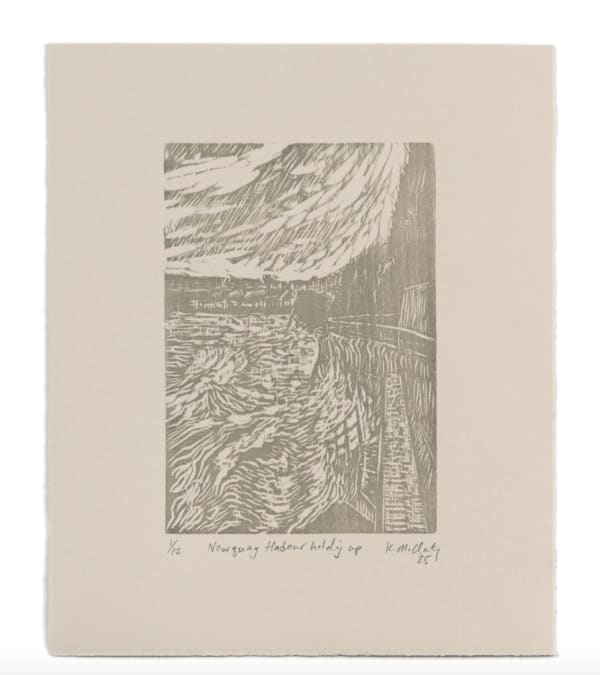 Kristen McClarty Newquay harbour holding up, 2025 Woodcut with graphite on Fabriano Rosaspina Avorio 285 gsm, printed off Japanese magnolia woodblock Edition 4 of 12 25cm x 21cm