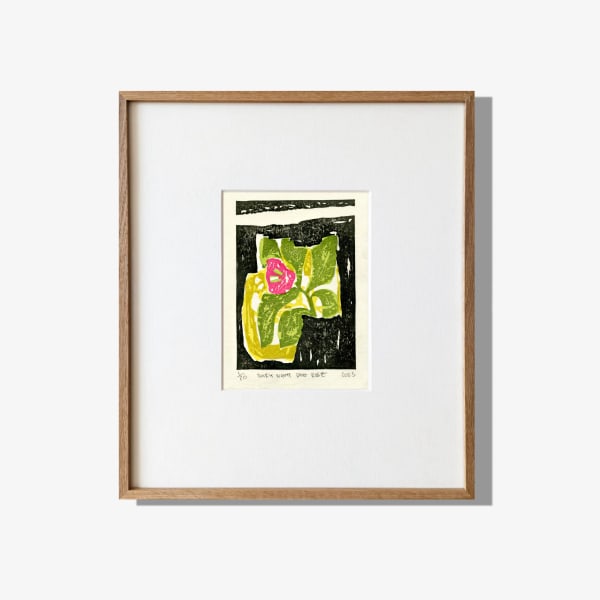 Adrian Holmes DARK NIGHT DOG ROSE, 2025 Woodblock Print on 87gsm Kozoshi paper from Echizen, Japan. 100% Mulberry (Kozo) handmade using traditional processes. Edition of 20 Print size: 17 × 13 cm Framed size: 40 × 35 cm Framing: Hand-built solid oak wood frame with a slim profile. The print is window mounted using archival materials and protected with TruVue 70% UV art glass. The frame can be custom-stained for a darker finish upon request.