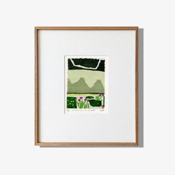 Adrian Holmes UP THE HILL TO ILLOGAN, 2025 Woodblock Print on 87gsm Kozoshi paper from Echizen, Japan. 100% Mulberry (Kozo) handmade using traditional processes. Edition of 20 Print size: 17 × 13 cm Framed size: 40 × 35 cm Framing: Hand-built solid oak wood frame with a slim profile. The print is window mounted using archival materials and protected with TruVue 70% UV art glass. The frame can be custom-stained for a darker finish upon request.