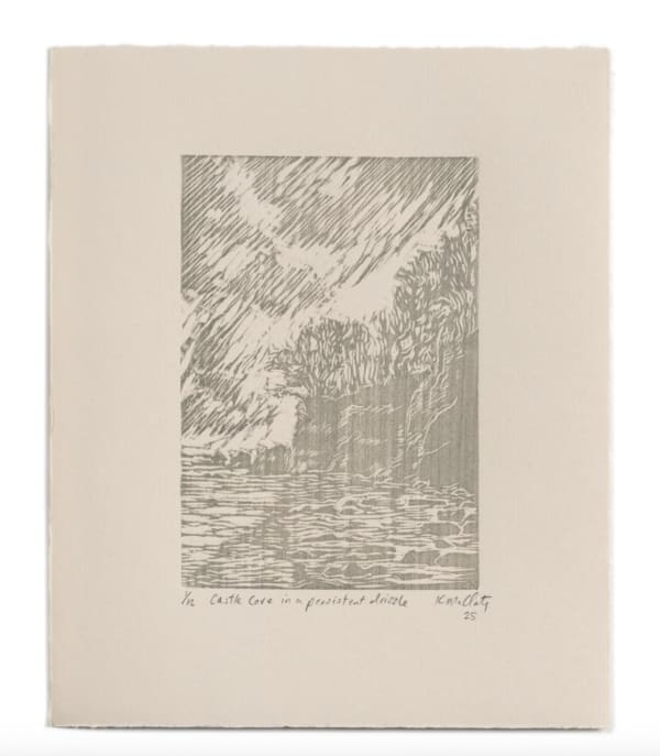 Kristen McClarty Castle Cove in a persistent drizzle, 2025 Woodcut with graphite on Fabriano Rosaspina Avorio 285 gsm, printed off Japanese magnolia woodblock Edition 4 of 12 25cm x 21cm