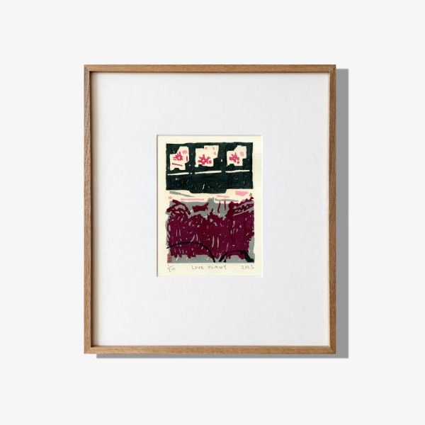 Adrian Holmes LOVE PLANT, 2025 Woodblock Print on 87gsm Kozoshi paper from Echizen, Japan. 100% Mulberry (Kozo) handmade using traditional processes. Edition of 20 Print size: 17 × 13 cm Framed size: 40 × 35 cm Framing: Hand-built solid oak wood frame with a slim profile. The print is window mounted using archival materials and protected with TruVue 70% UV art glass. The frame can be custom-stained for a darker finish upon request.