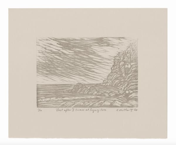 Kristen McClarty Just after I swam at Sugary Cove, 2024 Woodcut with graphite on Fabriano Rosaspina Avorio 285 gsm, printed off Japanese magnolia woodblock Edition 4 of 10 21cm x 25cm