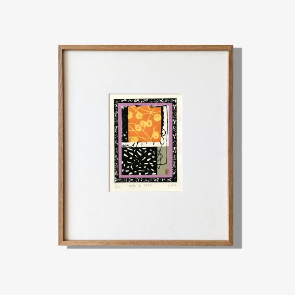 Adrian Holmes KAKI & SEED, 2025 Woodblock Print on 87gsm Kozoshi paper from Echizen, Japan. 100% Mulberry (Kozo) handmade using traditional processes. Edition of 20 Print size: 17 × 13 cm Framed size: 40 × 35 cm Framing: Hand-built solid oak wood frame with a slim profile. The print is window mounted using archival materials and protected with TruVue 70% UV art glass. The frame can be custom-stained for a darker finish upon request.