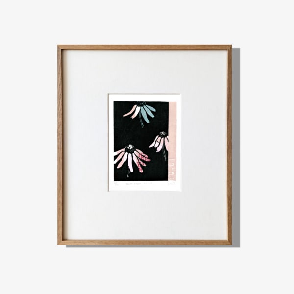 Adrian Holmes BLUE EYED DAISY, 2025 Woodblock Print on 87gsm Kozoshi paper from Echizen, Japan. 100% Mulberry (Kozo) handmade using traditional processes. Edition of 20 Print size: 17 × 13 cm Framed size: 40 × 35 cm Framing: Hand-built solid oak wood frame with a slim profile. The print is window mounted using archival materials and protected with TruVue 70% UV art glass. The frame can be custom-stained for a darker finish upon request.