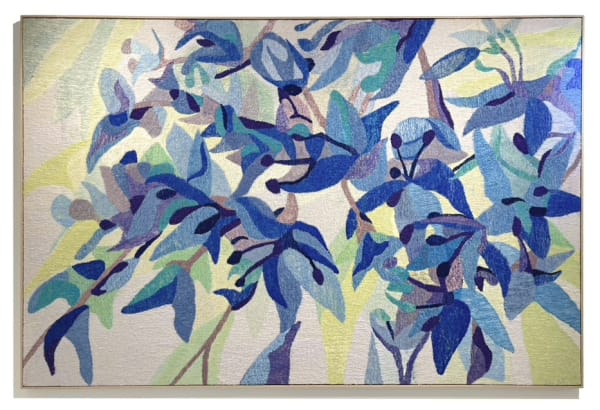 Adam Halls Trebah, 2024 Hand and machine stitch, hand-dyed fabrics with slim Ash frame 142 x 222 cm